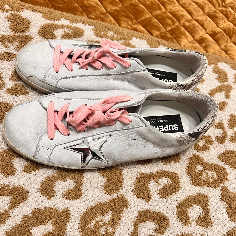 Golden Goose White and Pink Sneakers with Silver Star